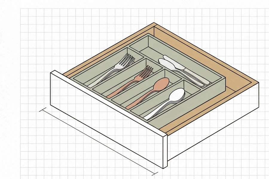Drawing of an open kitchen drawer with a cutlery tray inside, on graph paper
